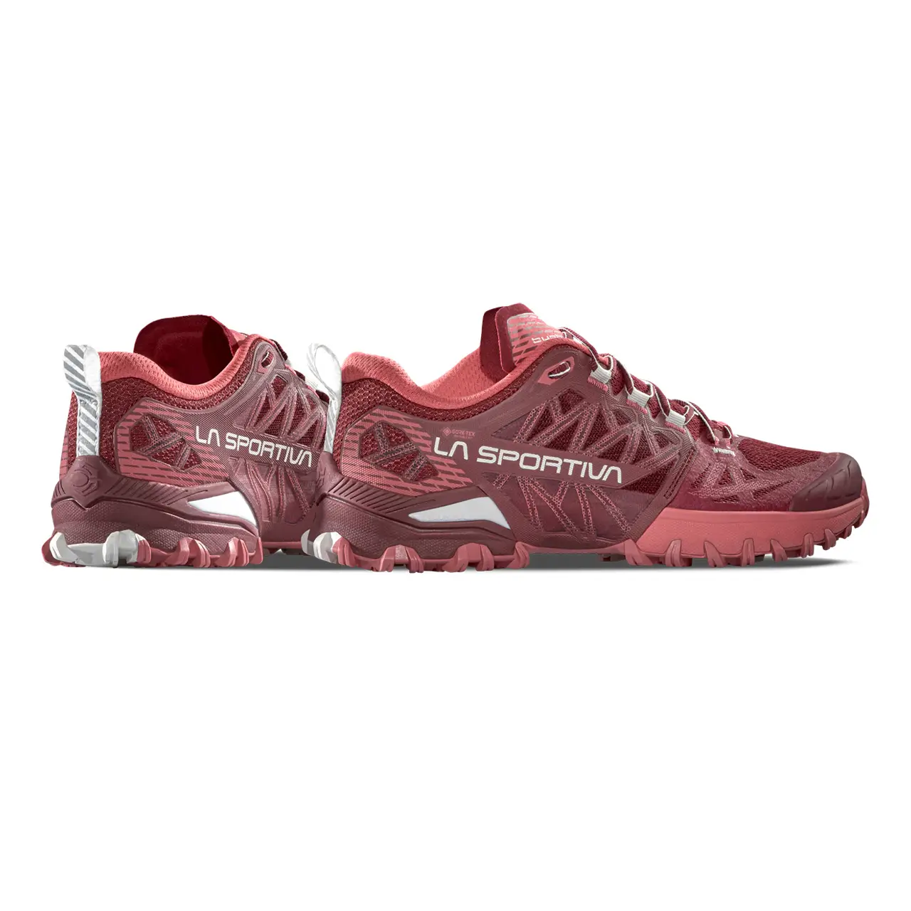Trailrunning Schuh seiteansicht Paarweise, La Sportiva, Bushido III Damen GTX, Farbe redwood-rosebay