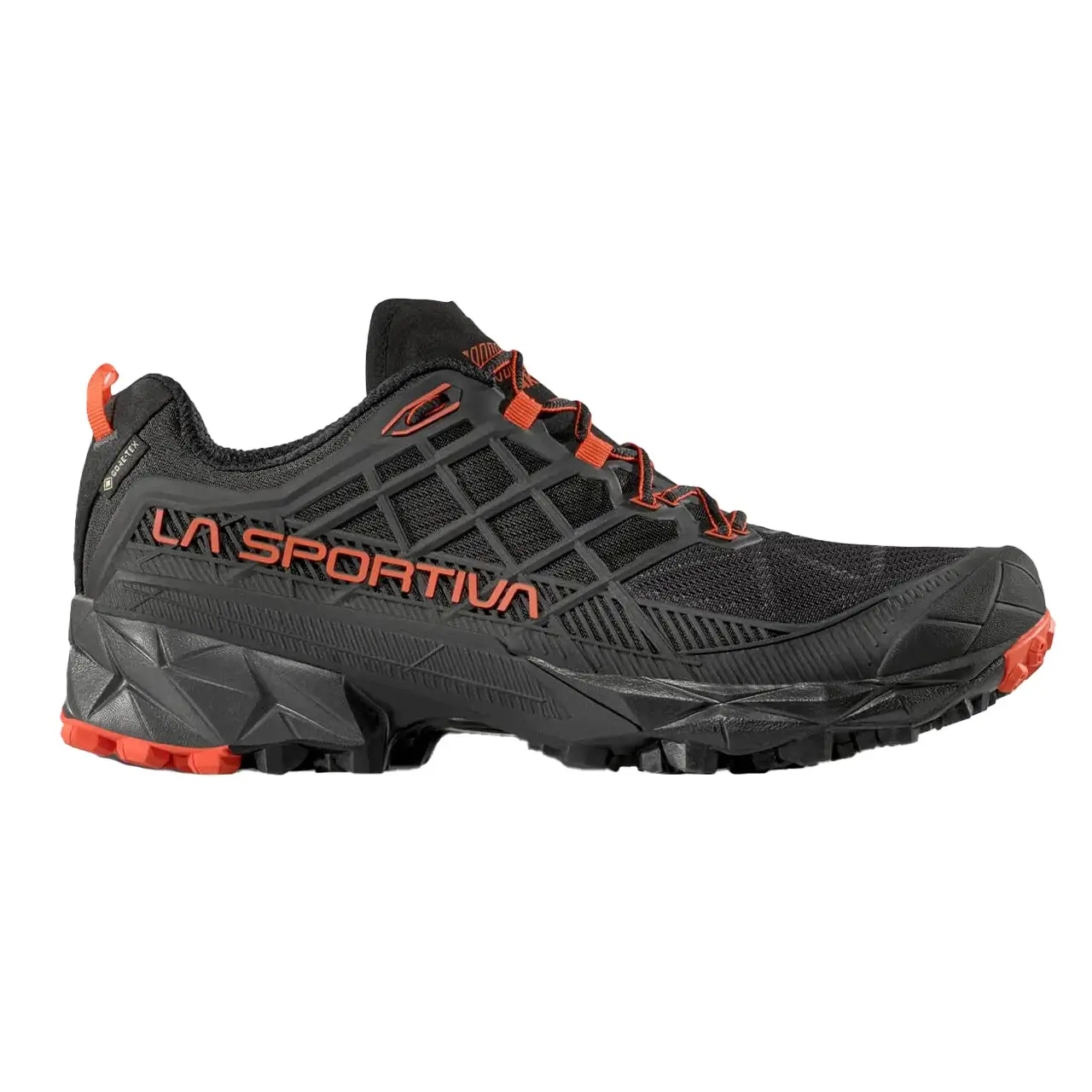 La Sportiva Akyra II GTX Herren Wanderschuh in Black Cherry Tomato, seitliche Ansicht