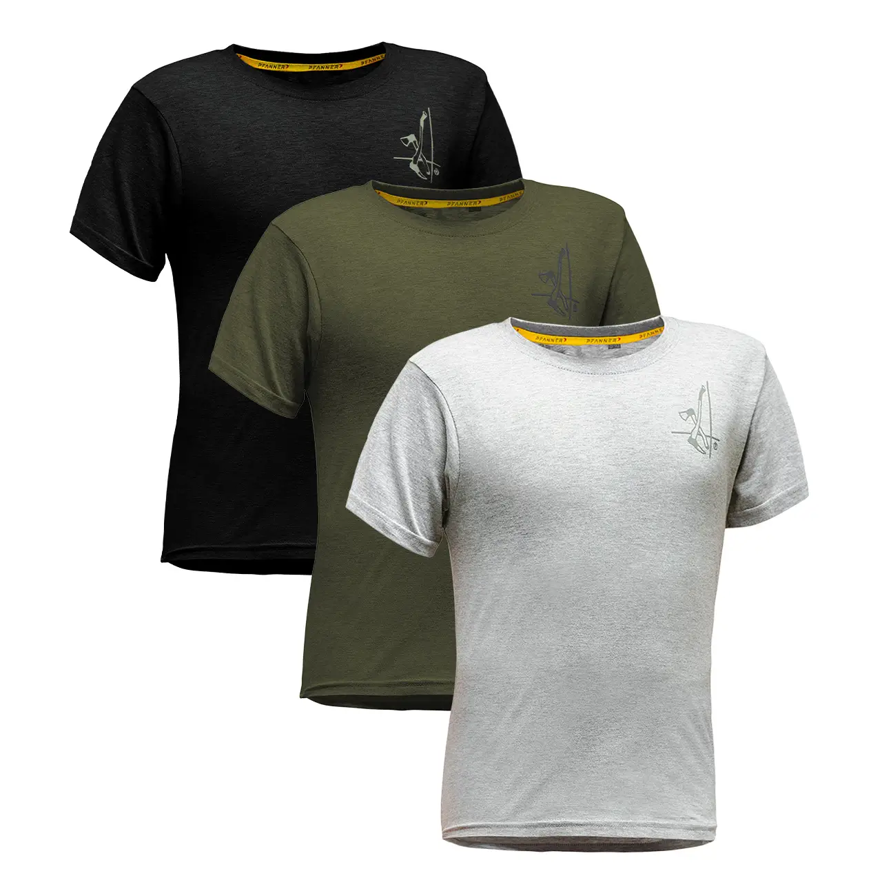 PFANNER Holzer Shirt 3er-Set Funktions-T-Shirts in grau schwarz und waldgrün Gesamtansicht Arbeit und Freizeit