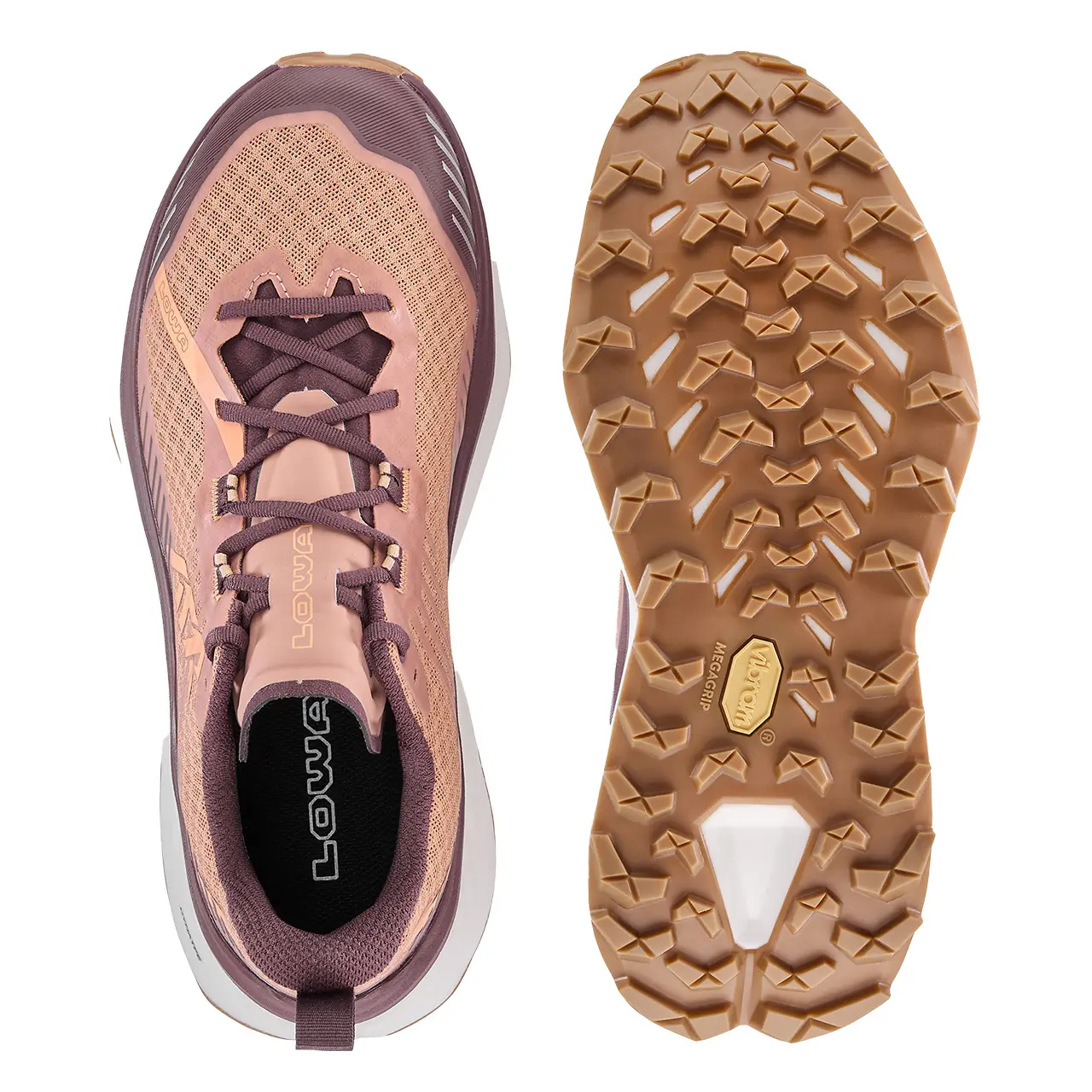 Damen trailrunning-Schuh,Lowa skyterra Ws, Farbe bordeaux-ton, Schuh ansicht von oben und laufsohle Ansicht von unten, mit Üppig gedämpfter Damen Trailrunningschuh für lange Distanzen.