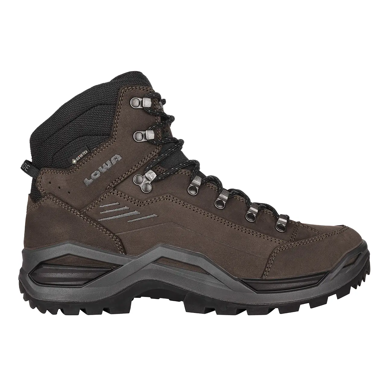 LOWA Renegade EVO GTX MID dunkelbraunschwarz Seitenansicht Herren Wanderschuhe aus Nubukleder