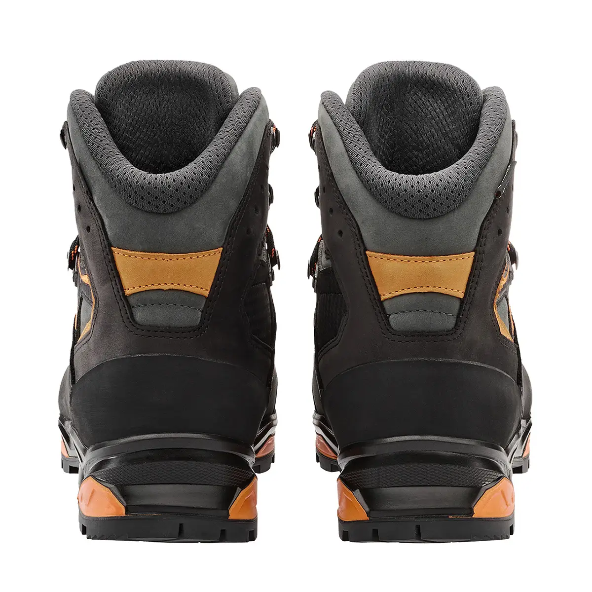 Lowa Trekkingschuh Herren, für lange Wanderungen, Camino EVO GTX, halbhoch, Farbe schwarz-orange, Hablhoch, ansicht rückseite Paarweise, Artikelnummer 2116290920