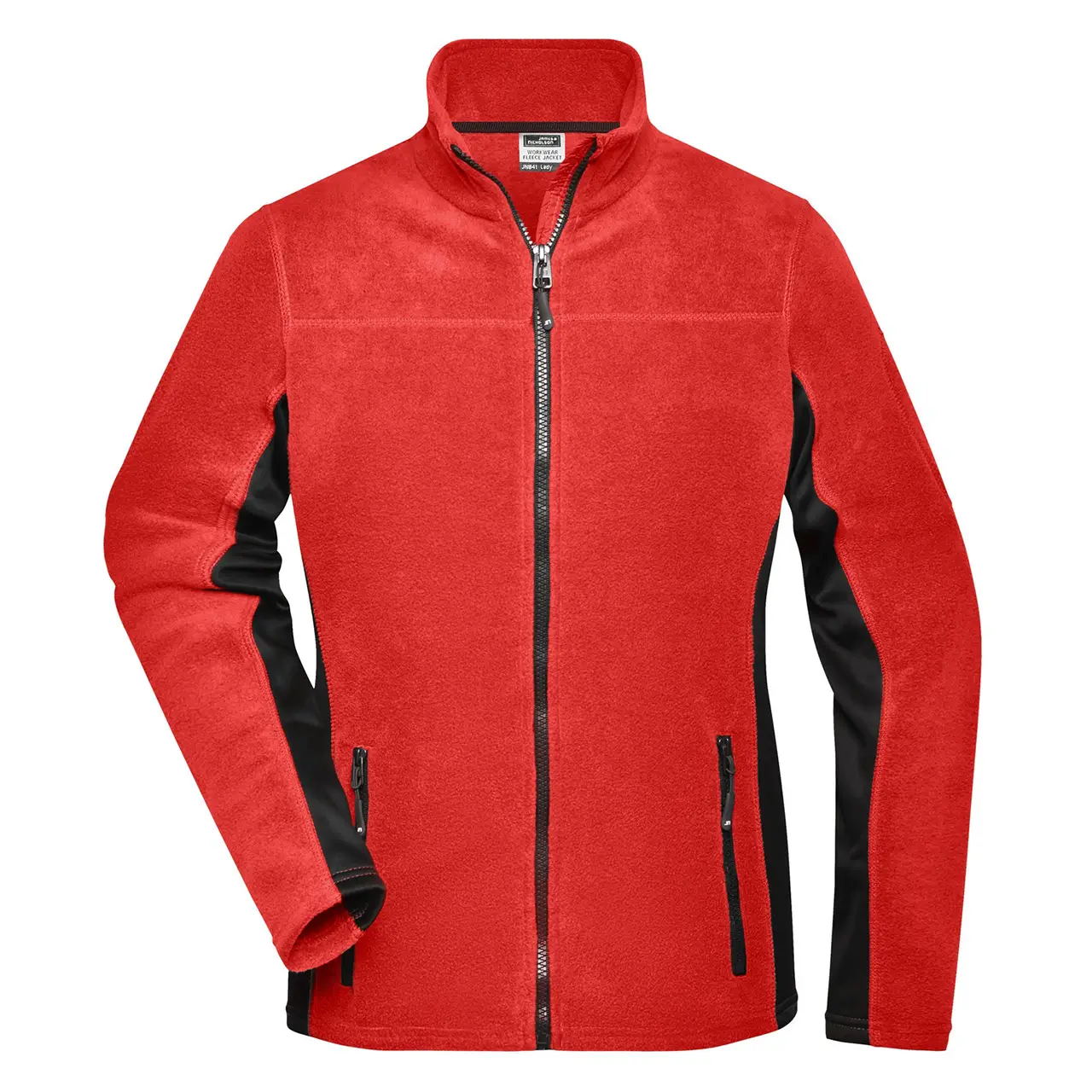 Frontansicht einer Daiber JN841 Damen-Arbeits-Fleecejacke,leicht tailliert, in rot-schwarz