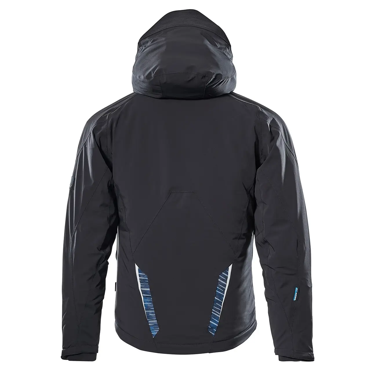 Rückansicht der MASCOT Winterjacke in der Farbe schwarz mit Reflex streifen, Rückenpanel, verstellbare Bündchen, strapazierfähiges elastisches Material