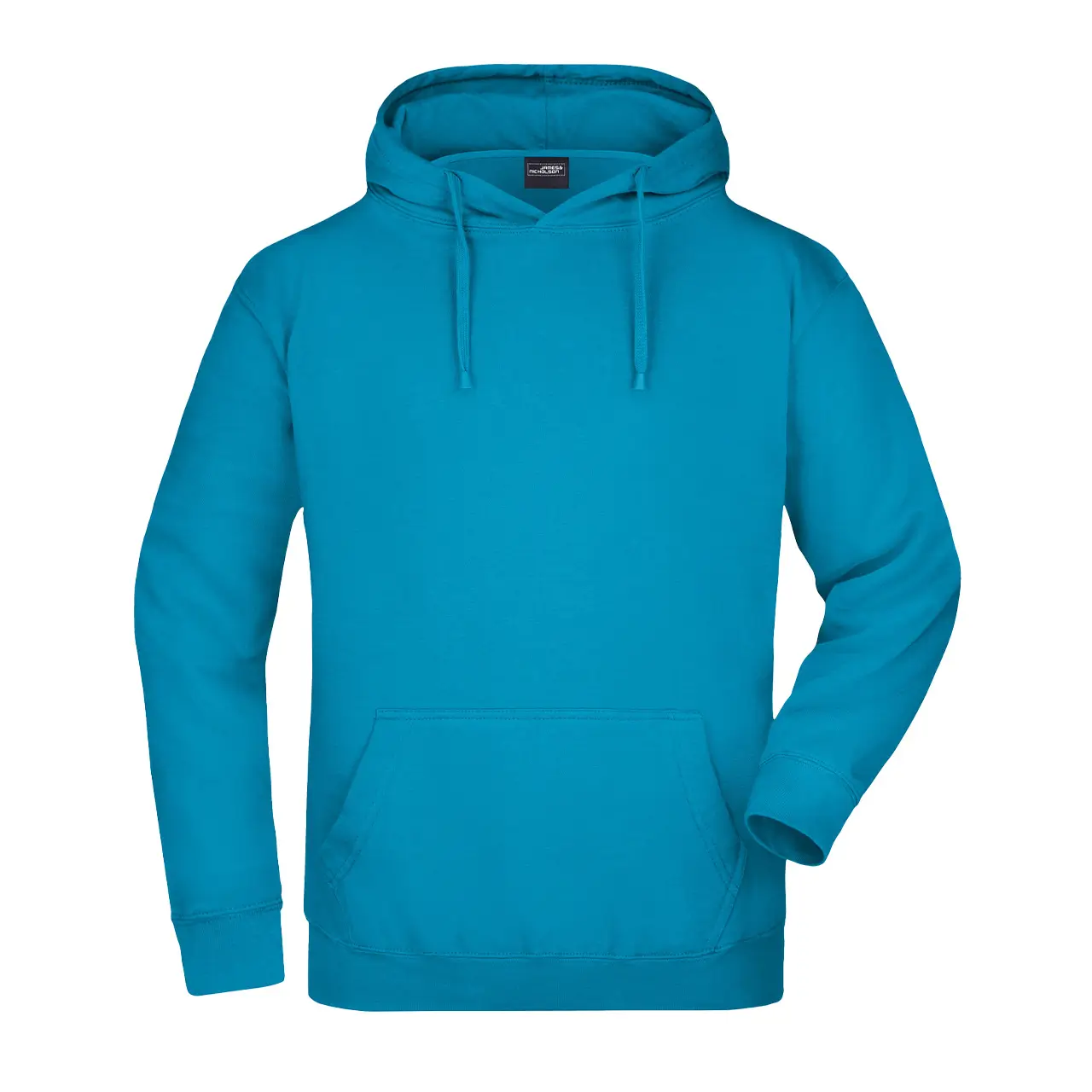Herren Kapuzensweatshirt Daiber jn047 türkis, vordere Ansicht, klassisches Design mit Kängurutasche und elastischen Bündchen