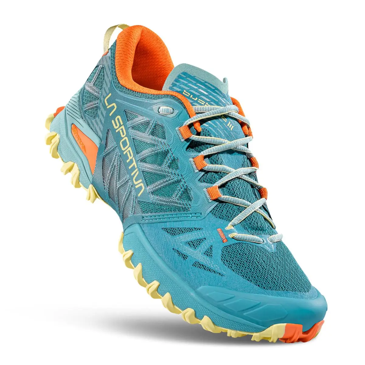 La Sportiva Bushido III Damen Trailrunning Schuhe Frontansicht in Everglade/Zest