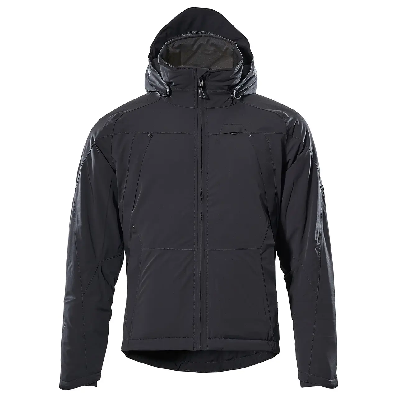Mascot Winterjacke mit Abnehmbarer Kapuze, unisex, für damen und Herren, Ansicht von vorne, schwarze Jacke, wasserdicht und winddicht, strapazierfähige robuste Arbeitsjacke