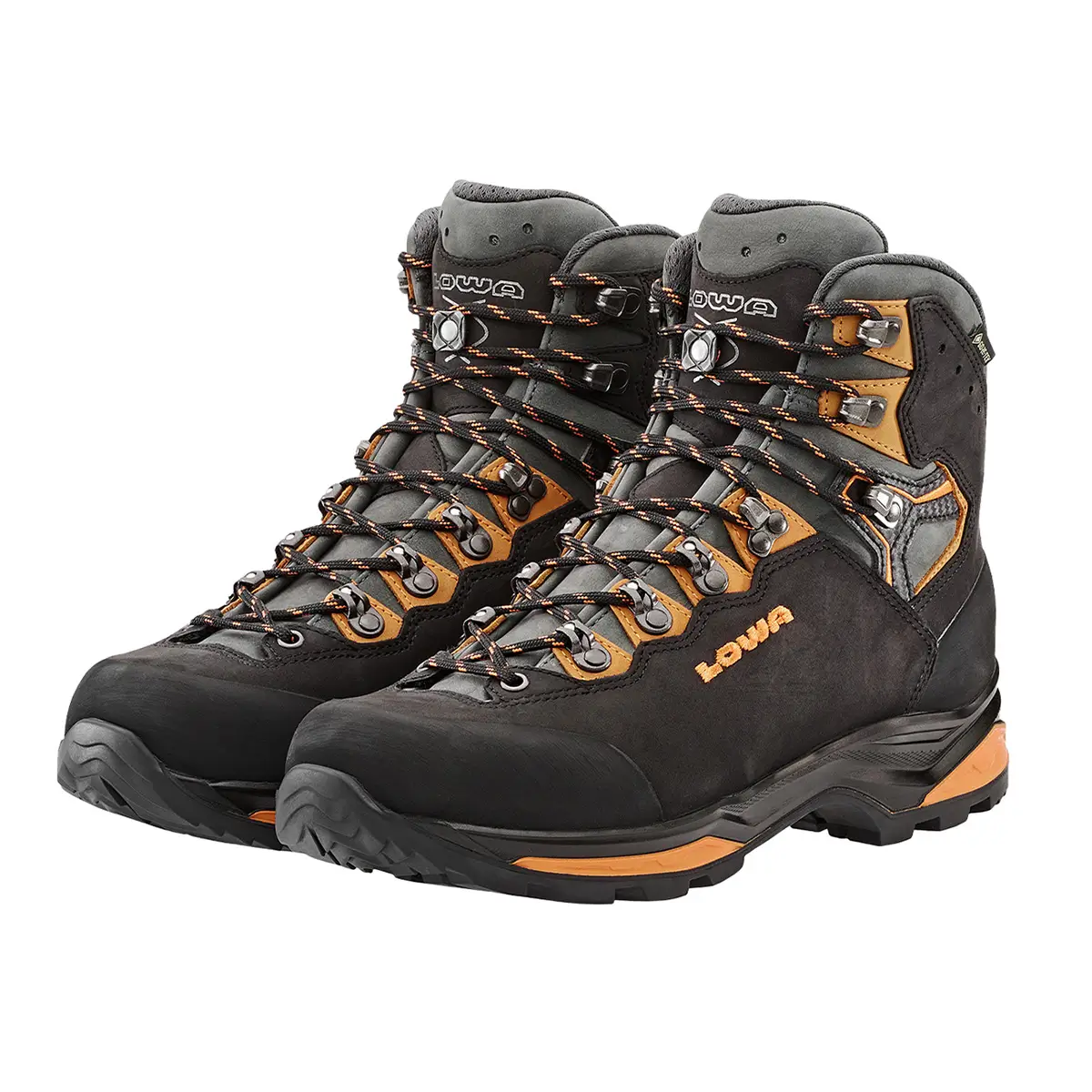 Lowa Schuhe Herren für Bergwanderungen, Camino EVO GTX, Farbe schwarz-orange,  wasserdicht, winddicht und atmungsaktiv dank GORE-TEX Membrane, ansicht Frontseite seitlich, Artikelnummer 2116290920