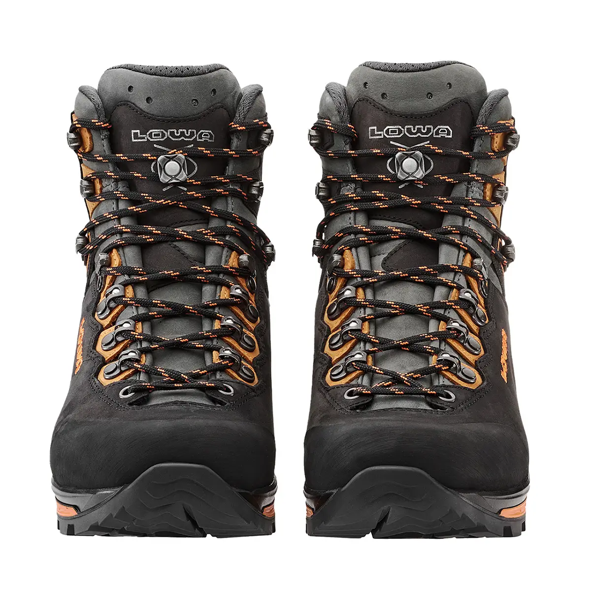 Lowa Trekkingschuhe Schuhe Herren, Camino EVO GTX, wassserdicht und atmungsaktiv, Farbe schwarz-orange, Robust und widerstandsfähig, Frontansicht Paarweise, Artikelnummer 2116290920