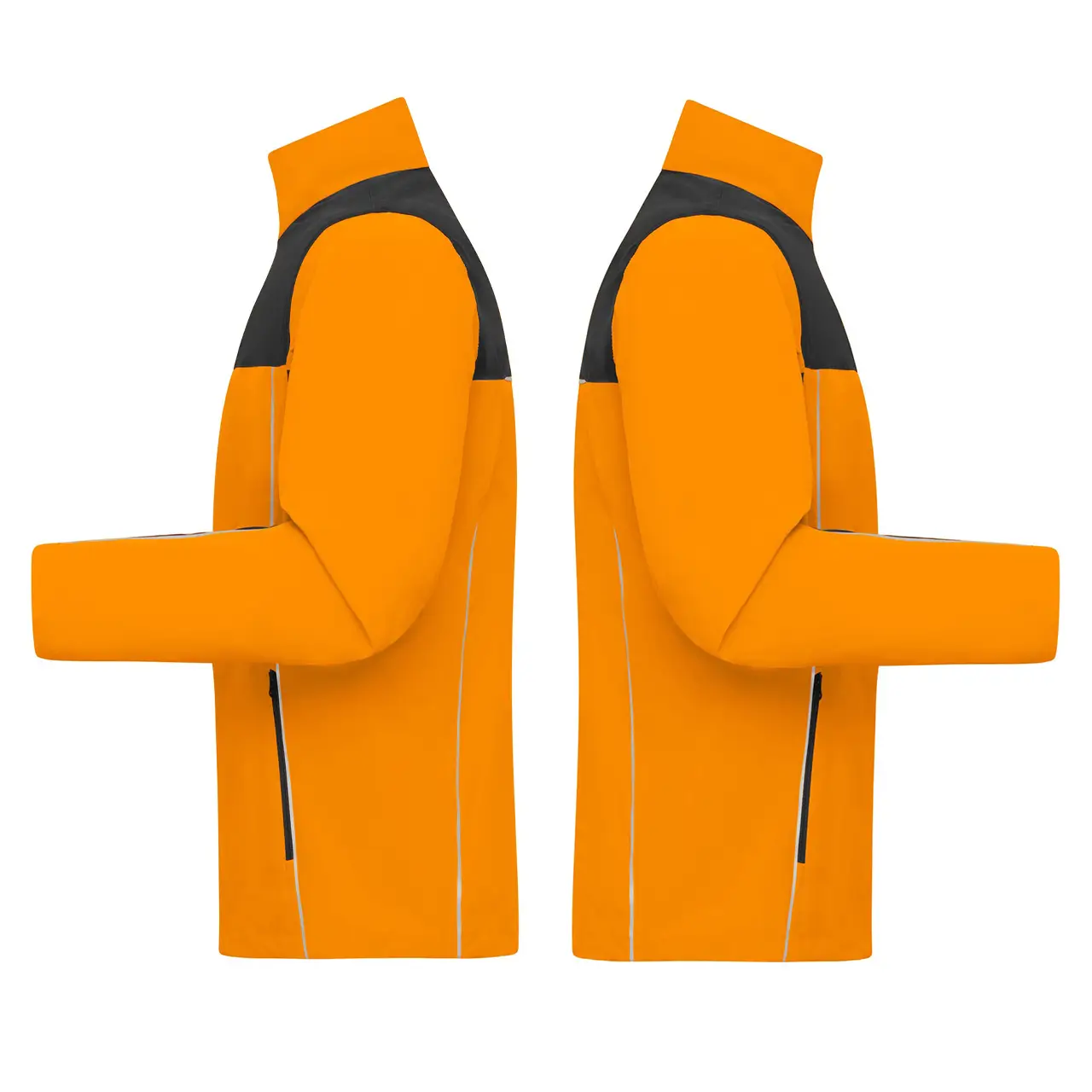 Seitenansicht der Arbeitsjacke in neonorange/schwarz, sowohl links als auch rechts gezeigt