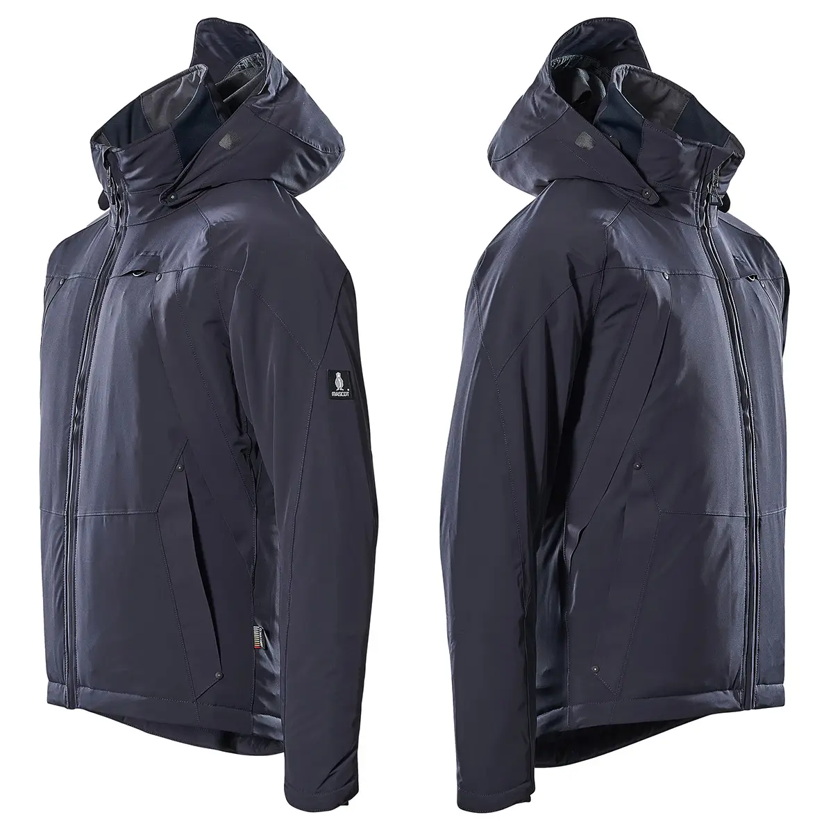 Seitliche Ansicht der MASCOT Winterjacke,Farbe schwarzblau, linke und rechte Seite, Detail abnehmbare Kapuze, Taschen und Reißverschlüsse, Artikelnummer 17035-411-010