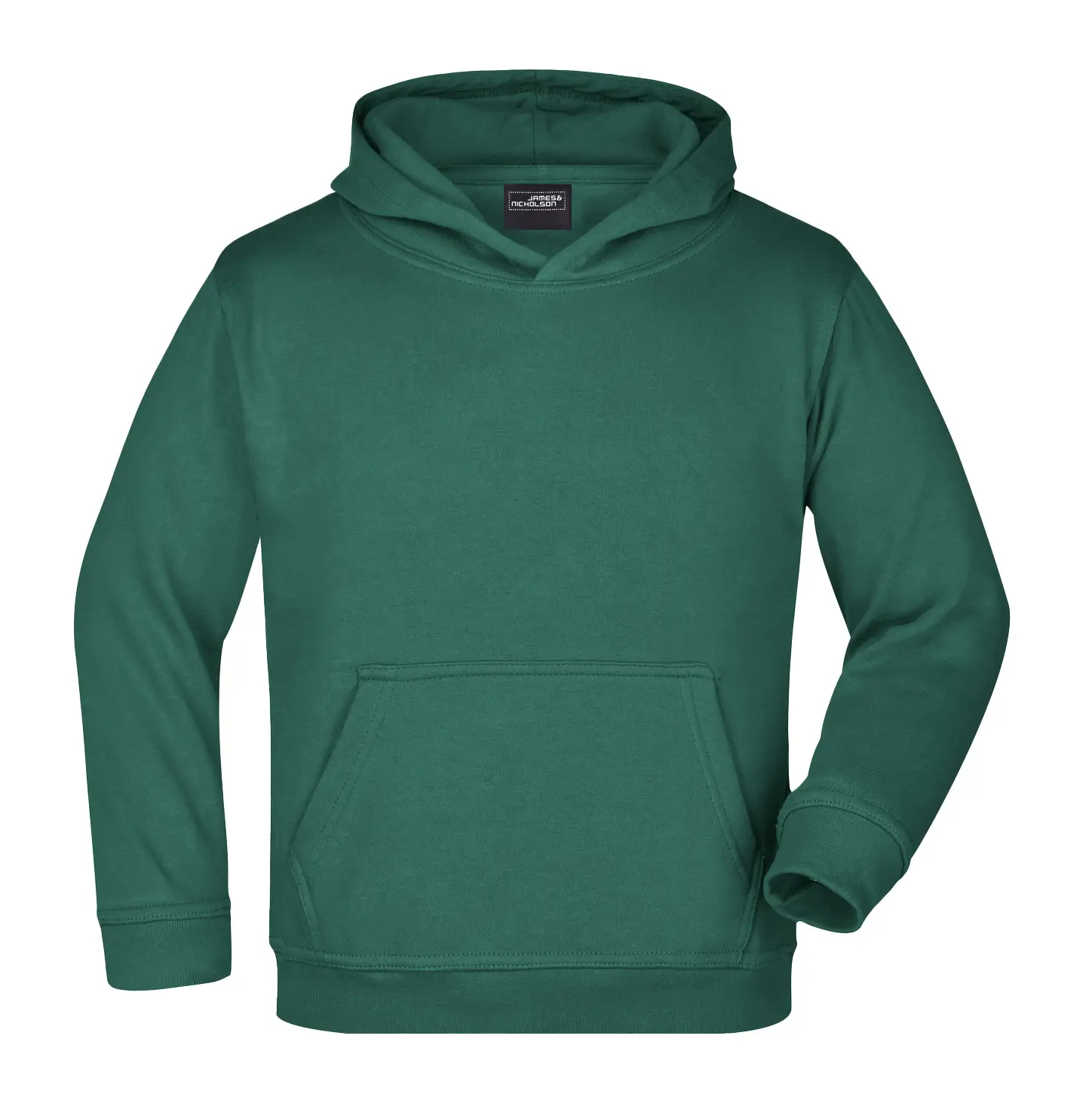 Kinder Kapuzenpullover Vorderansicht – kuscheliger Kapuzensweat, Farbe dunkelgrün, Für Schule und Freizeit, Daiber jn047k