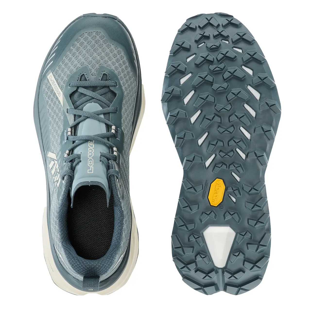 Damen Trailrunningschuhe,Lowa skyterra Ws, Farbe blau, ansicht von oben und laufsohle Ansicht von unten, Trailrunningschuh für lange Distanzen