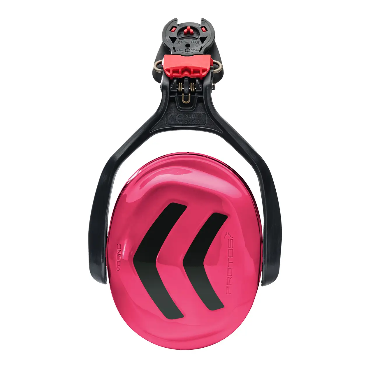 Protos Gehörschutz P1 E in pink-schwarz Einzelansicht mit Befestigungssystem zum Einclipsen in Protos Kopfschutz