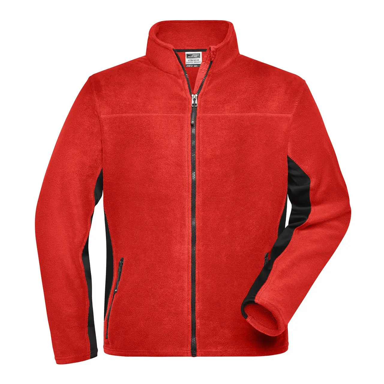 Frontansicht der Arbeits-Fleecejacke Daiber JN842 für Herren in der Farbe rot-schwarz, mit stehkragen, bequem, Anti-Pilling Microfleece