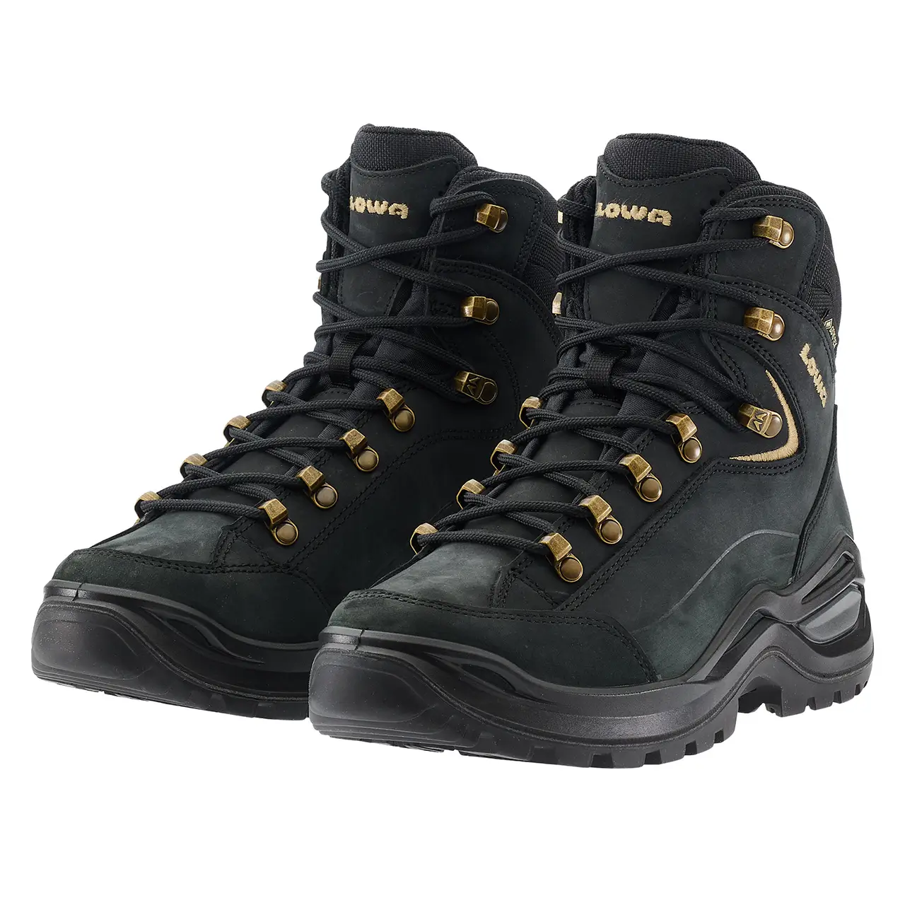 LOWA Renegade EVO GTX MID Ws Damen Wanderschuhe schwarz mit Champagner-Akzenten, paarweise seitlich von vorne