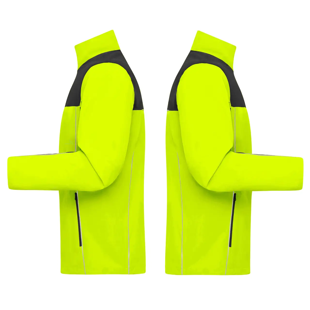 Seitenansicht der Arbeitsjacke in neongelb/schwarz, sowohl links als auch rechts gezeigt