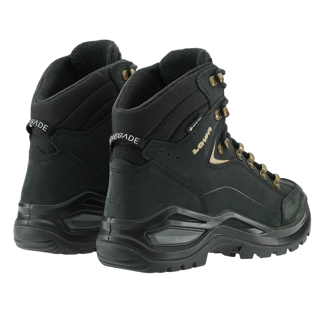 LOWA Renegade EVO GTX MID Ws Damen Wanderschuhe schwarz mit Champagner-Akzenten, paarweise seitlich von hinten