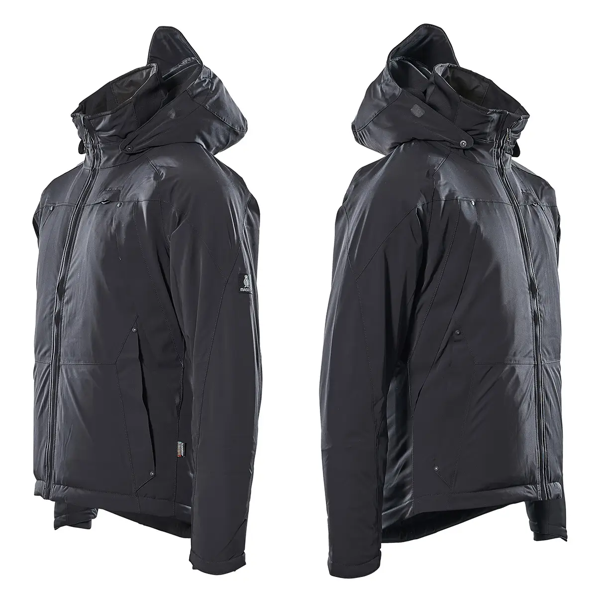 Seitliche Ansicht der MASCOT Winterjacke,Farbe schwarz, linke und rechte Seite, Detail abnehmbare Kapuze, Taschen und Reißverschlüsse, Artikelnummer 17035-411-09