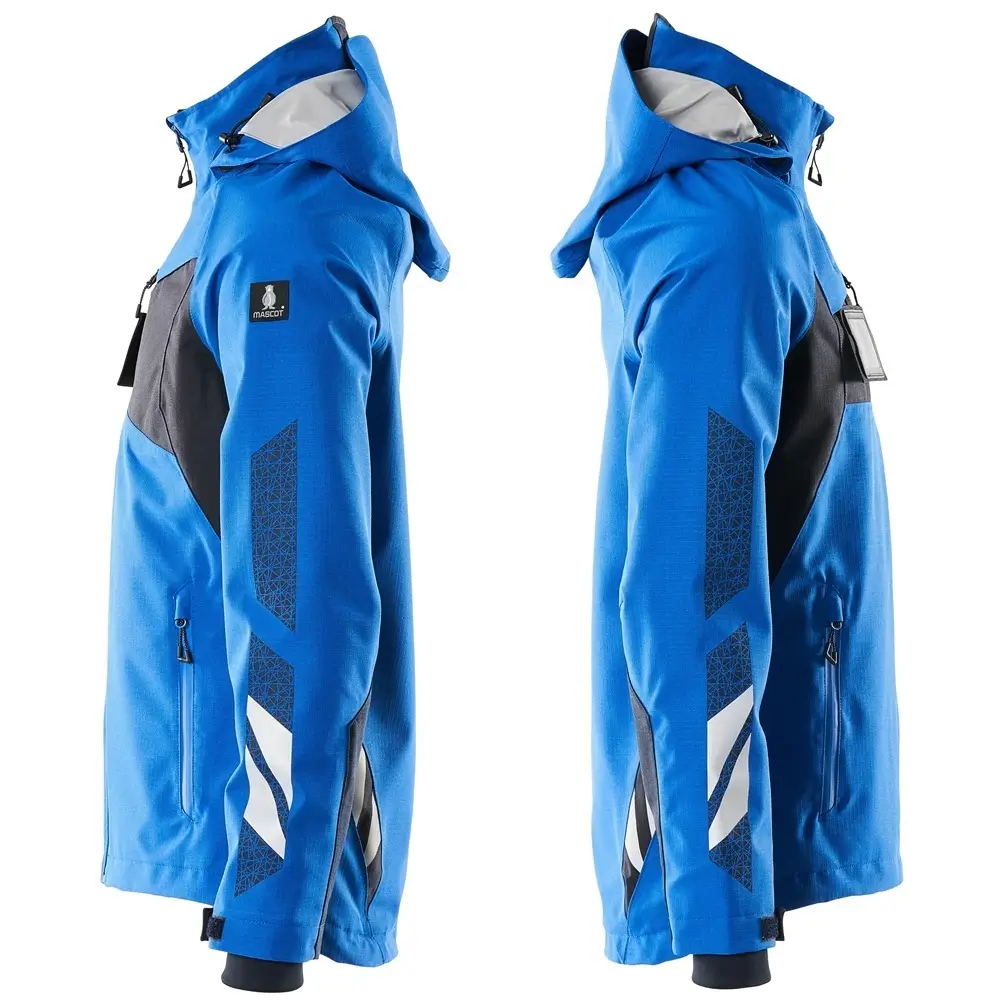 Seitenansicht Mascot Hardshell Jacke azurblau-schwarzblau mit getapten Nähten, CORDURA®-Ärmeln und Reißverschlusstaschen, artikel 18301-231-91010