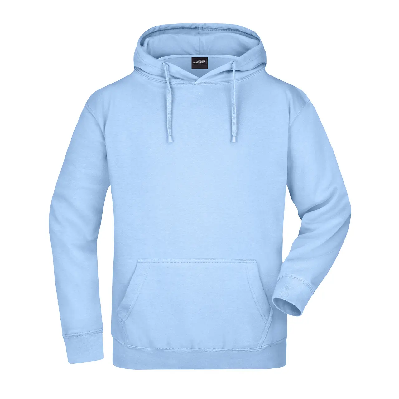 Herren Kapuzensweatshirt Daiber jn047 Farbe hellblau, vordere Ansicht, klassisches Design mit Kängurutasche und elastischen Bündchen