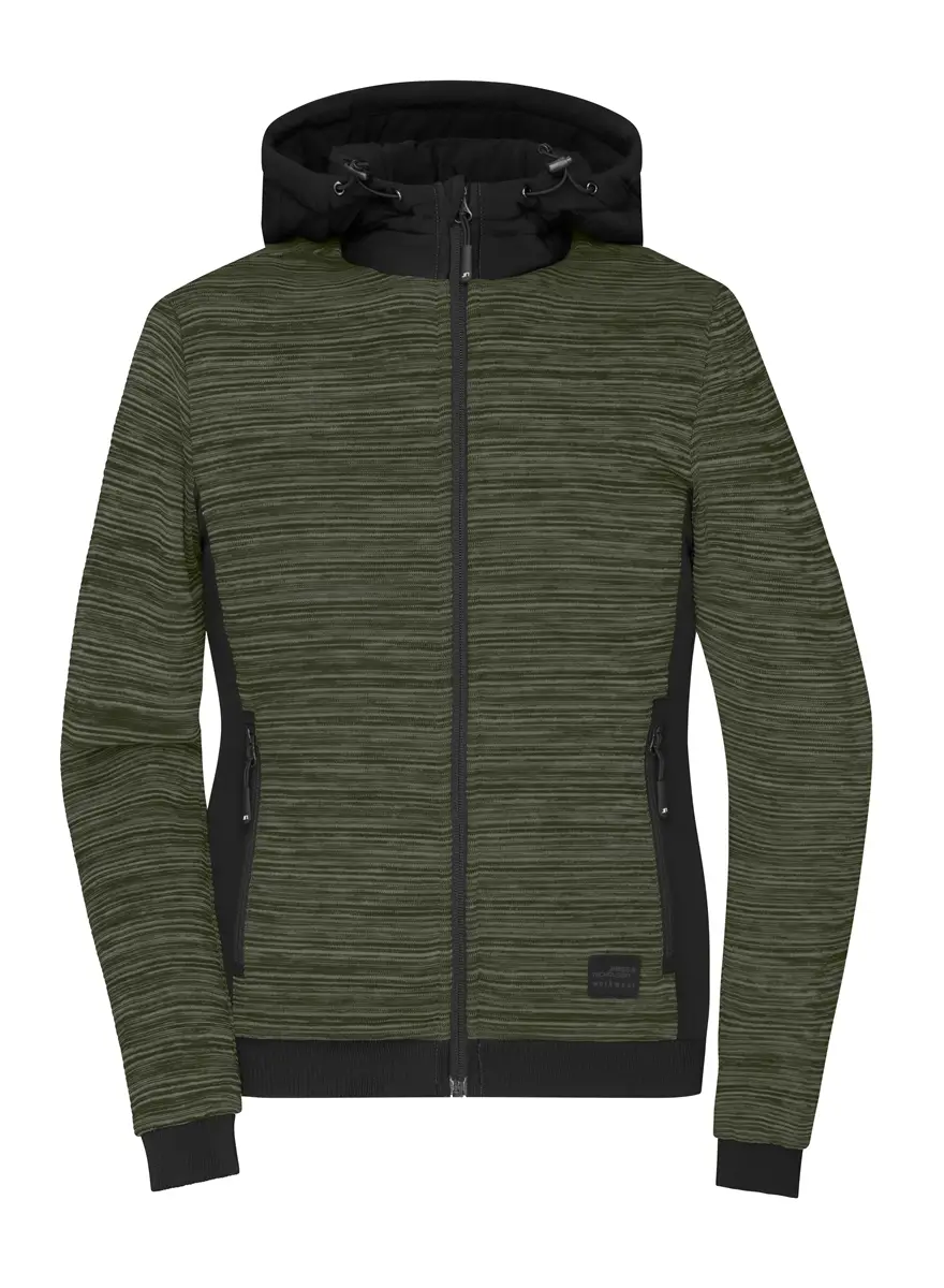 Strickfleecejacke mit Kapuze Damen oliv melange-schwarz ansicht vorne