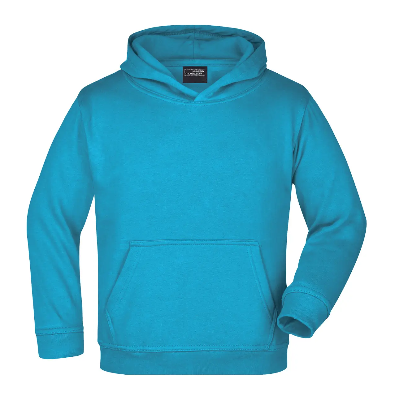 Kinder Kapuzenpullover Vorderansicht – kuscheliger Kapuzensweat, Farbe türkis, Für Schule und Freizeit, Daiber jn047k