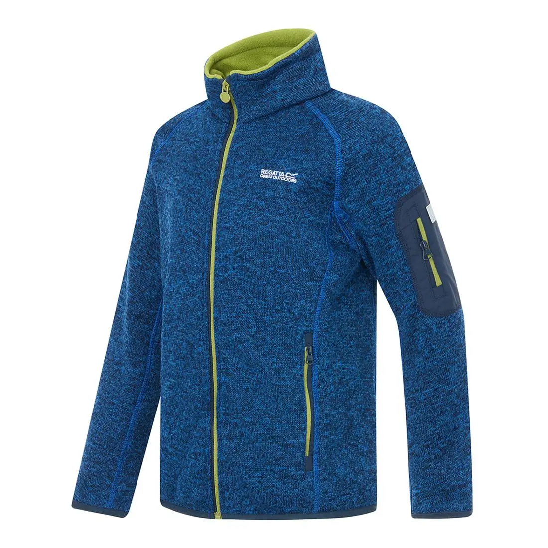 Regatta Kinder Strickfleecejacke, Junior Newhill in blau mit grünen Akzenten, Seitenansicht