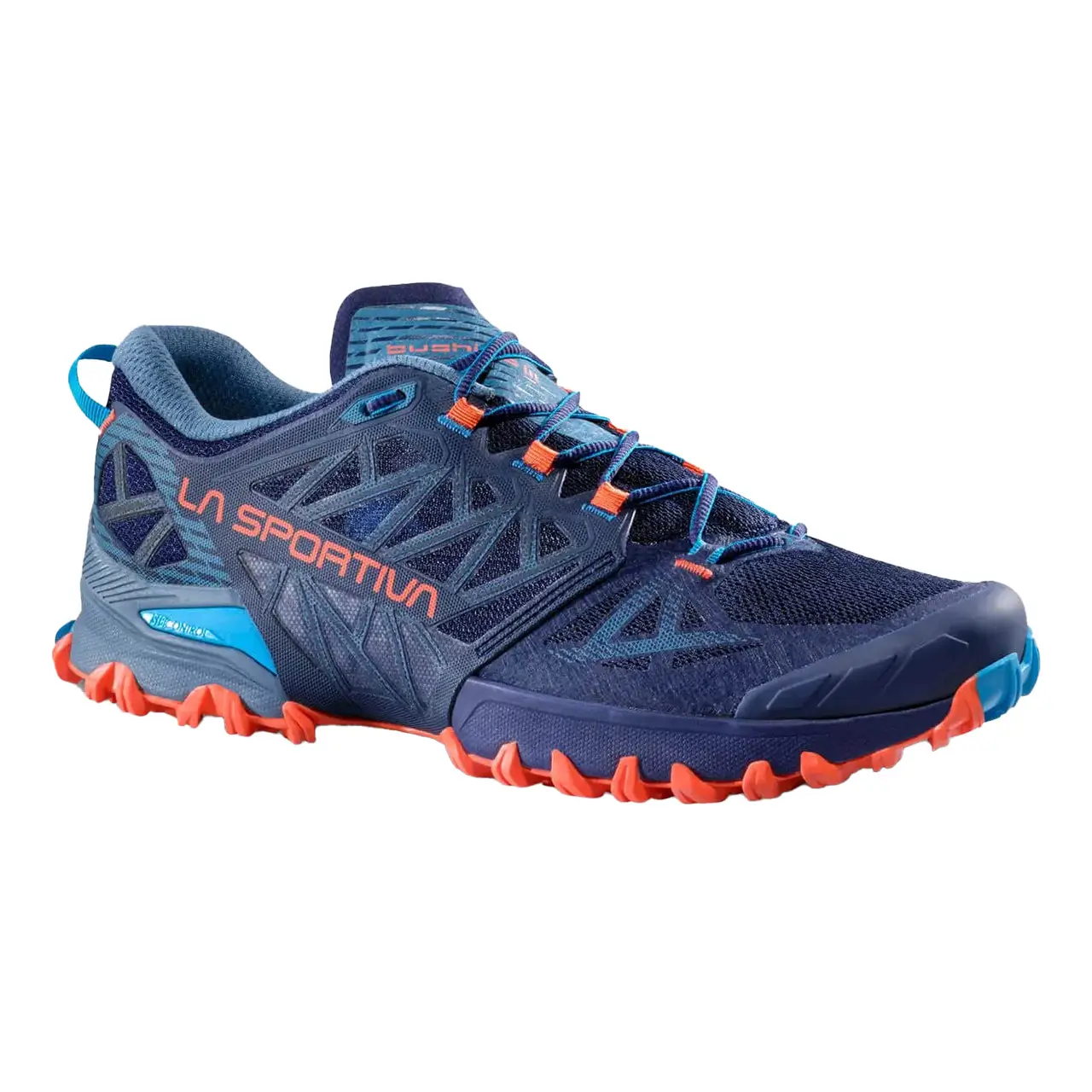La Sportiva Bushido III Trailrunning Schuh Herren in Deep Sea Cherry Tomato seitliche Ansicht