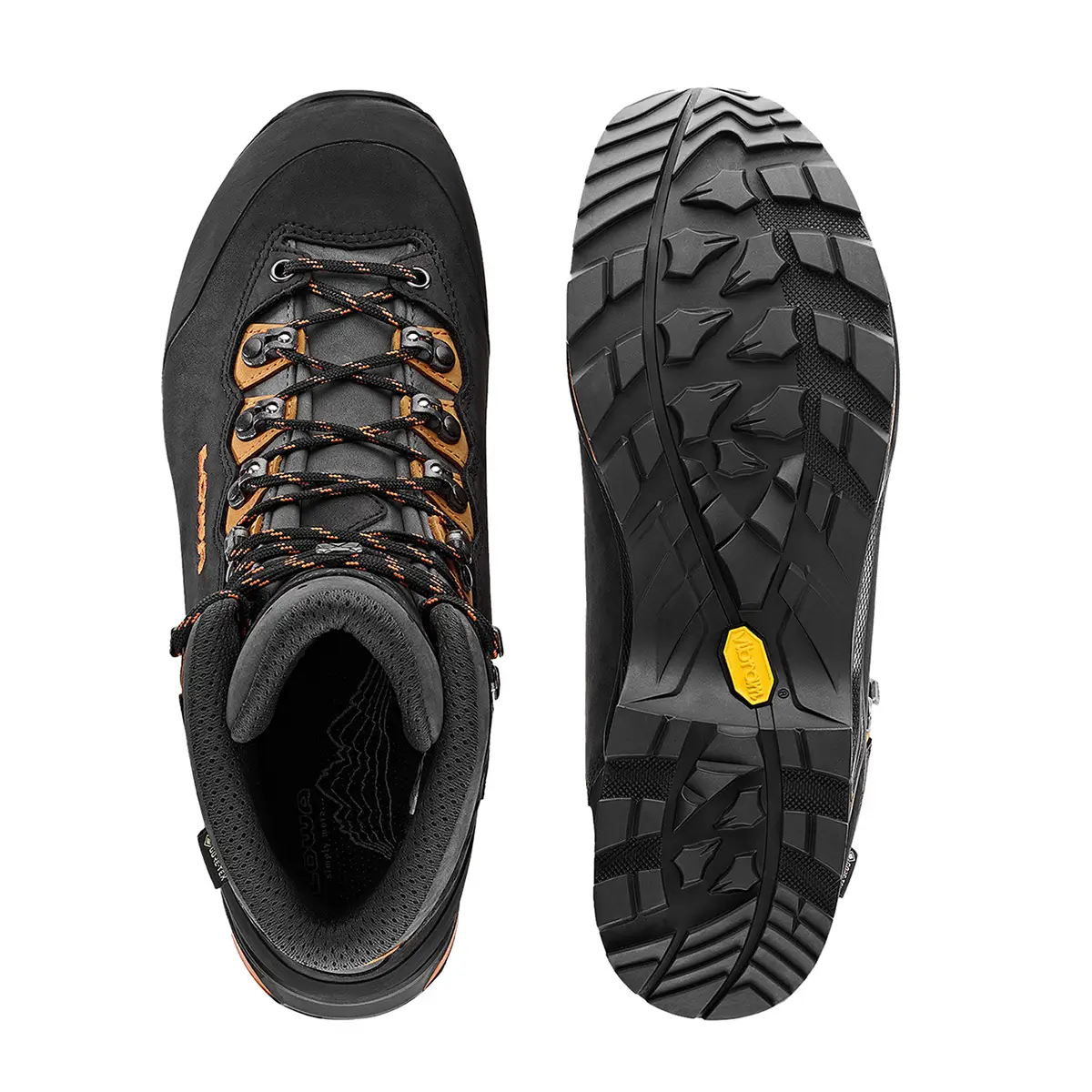 Lowa Trekkingschuhe Schuhe Herren, Camino EVO GTX, mit klassischer Schnürung, Farbe schwarz-orange, Hablhoch, draufsicht und Sohlenansicht, Artikelnummer 2116290920