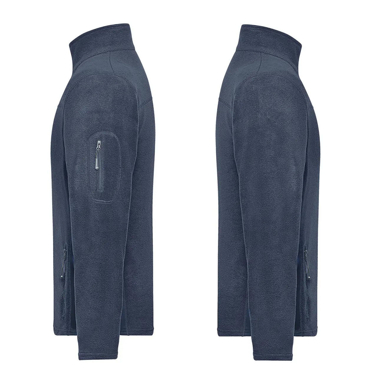 Seitenansicht der Daiber JN842 Arbeits-Fleecejacke in navy, Taschenanordnung und Unterarm-Softshell