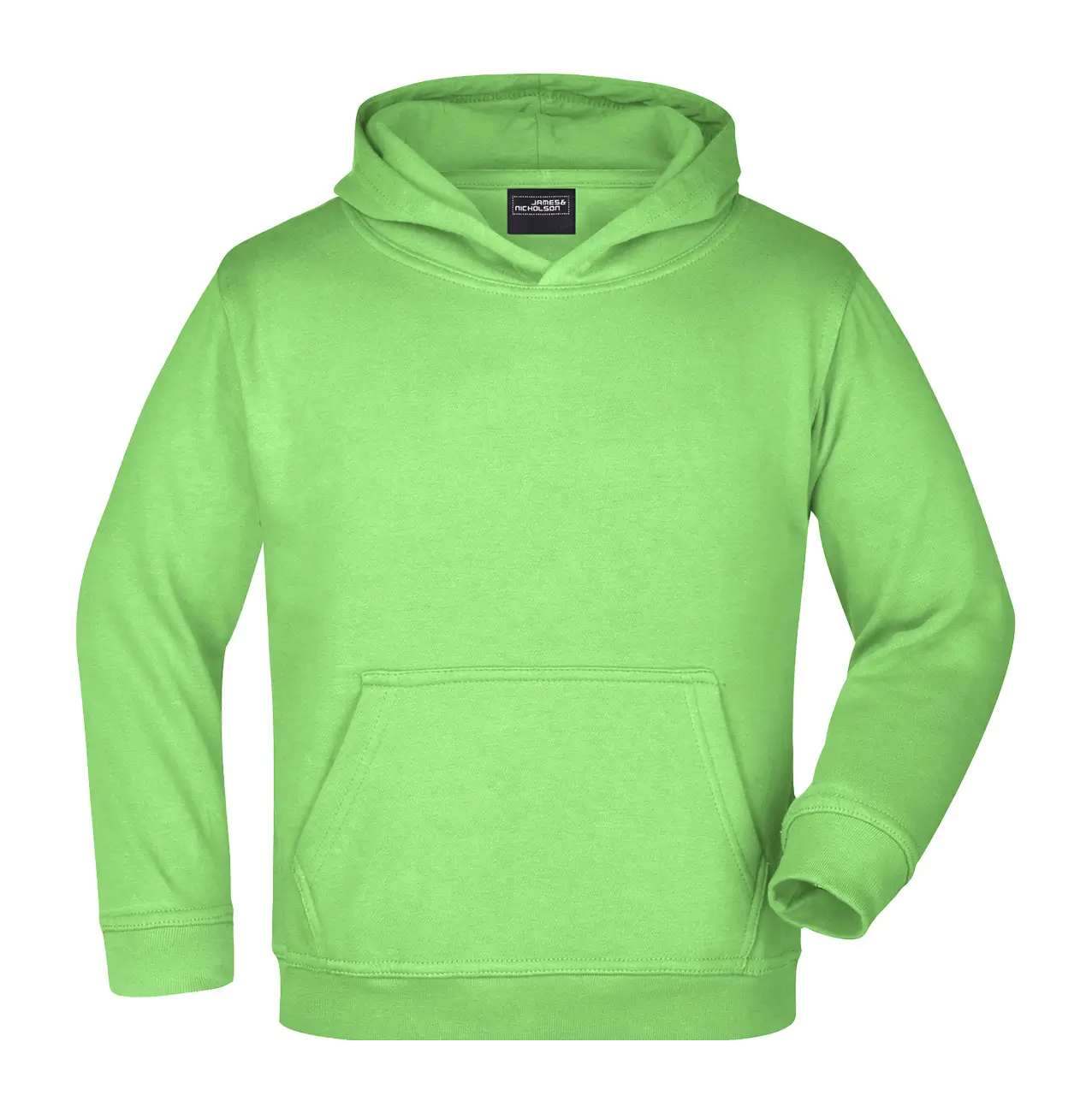 Kinder Kapuzenpullover Vorderansicht – kuscheliger Kapuzensweat, Farbe limegrün, Für Schule und Freizeit, Daiber jn047k