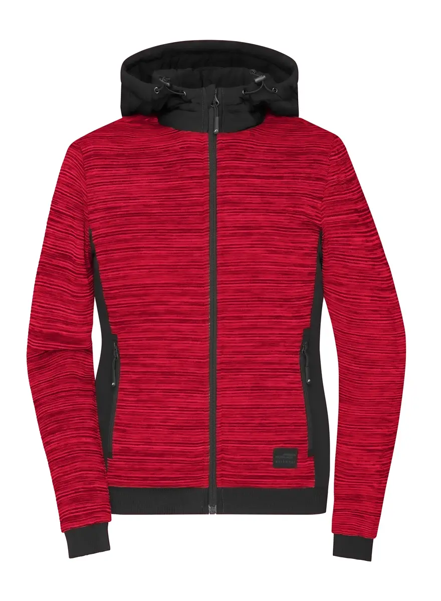 Strickfleecejacke mit Kapuze Damen rot melange-schwarz ansicht vorne