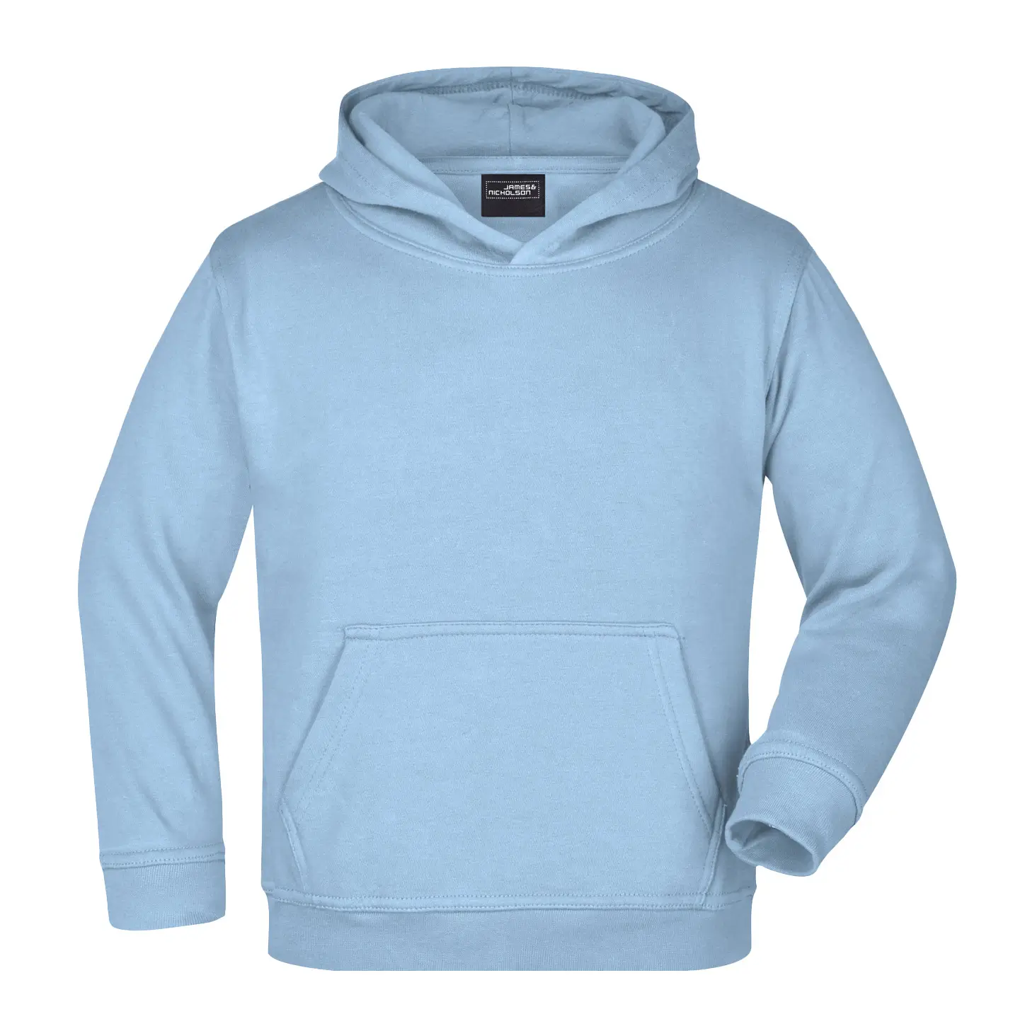 Kinder Kapuzenpullover Vorderansicht – kuscheliger Kapuzensweat, Farbe hellblau, Für Schule und Freizeit, Daiber jn047k