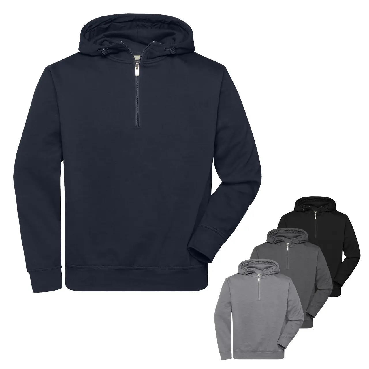 Collagenbild Kapuzen-Sweatshirt Unisex, Daiber JN939 in vier Farbvarianten, schwarz, navy, hellgrau, dunkelgrau, Vorderansicht vor neutralem Hintergrund