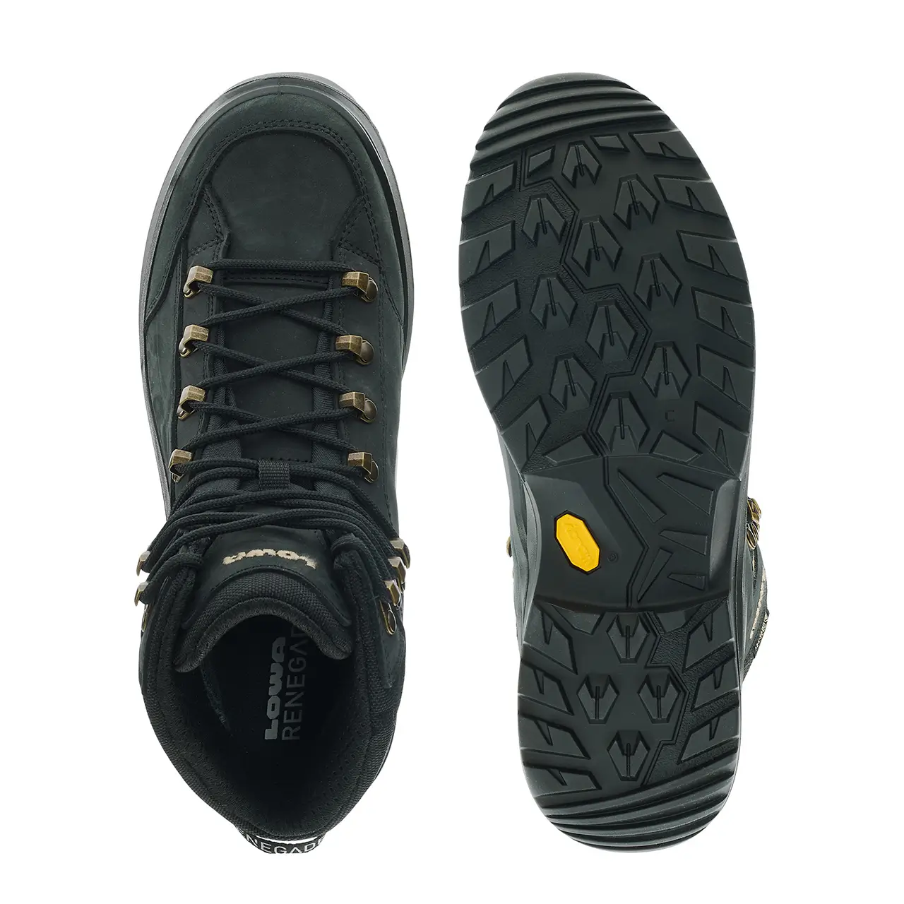 LOWA Renegade EVO GTX MID Ws Damen Wanderschuhe schwarz mit Champagner-Akzenten, Draufsicht und VIBRAM Sohlenprofil