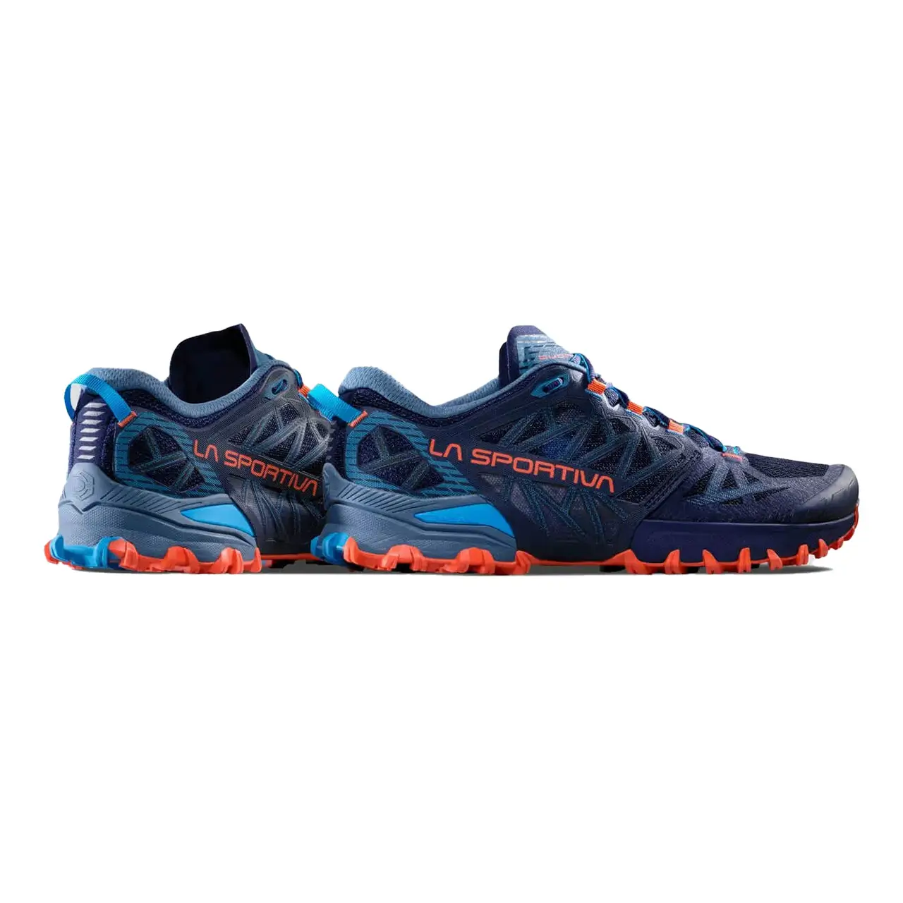 La Sportiva Bushido III Trailrunning Schuh Herren,  in Deep Sea Cherry Tomato,  seitliche Ansicht paarweise