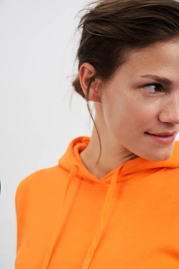 Damen Kapuzensweatshirt Daiber Slim Fit Detailansicht, Kapuze mit Kordelzug, Farbe orange