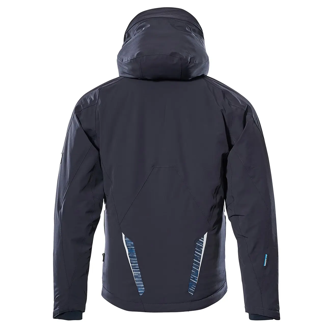 Rückansicht der Mascot Winterjacke in der Farbe schwarz mit Reflex streifen, Rückenpanel, verstellbare Bündchen, strapazierfähiges elastisches Material