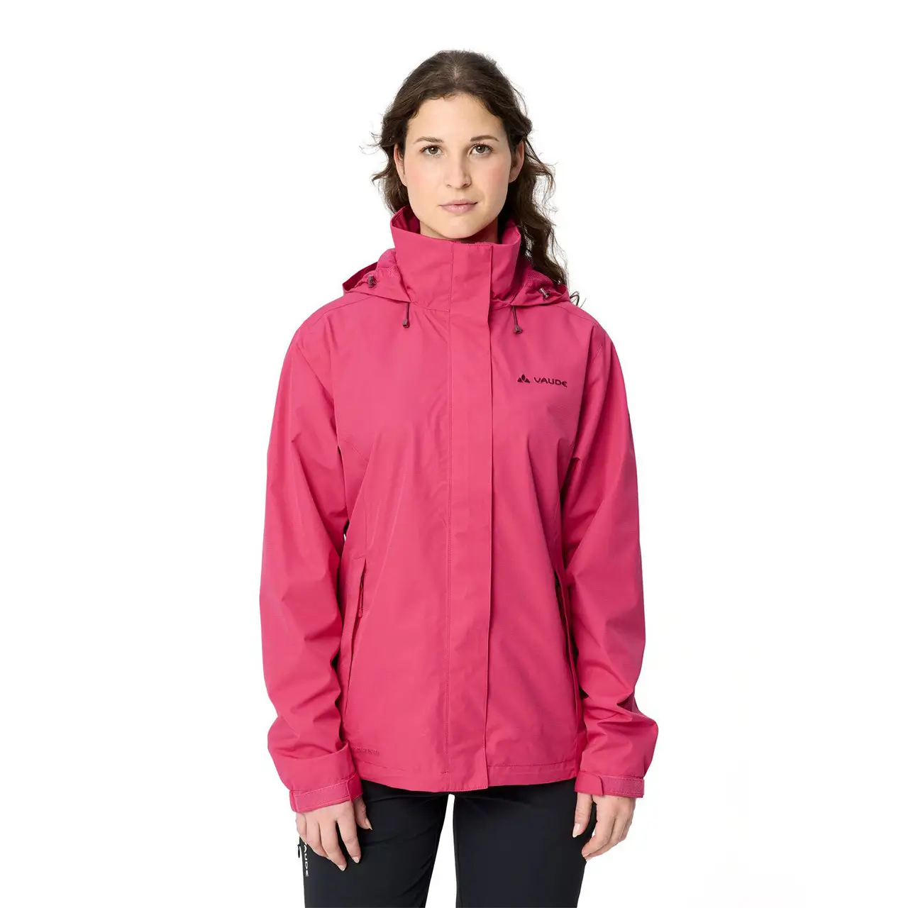 VAUDE Damen Escape Light Regenjacke hibiscus pink an Frau getragen Vorderansicht