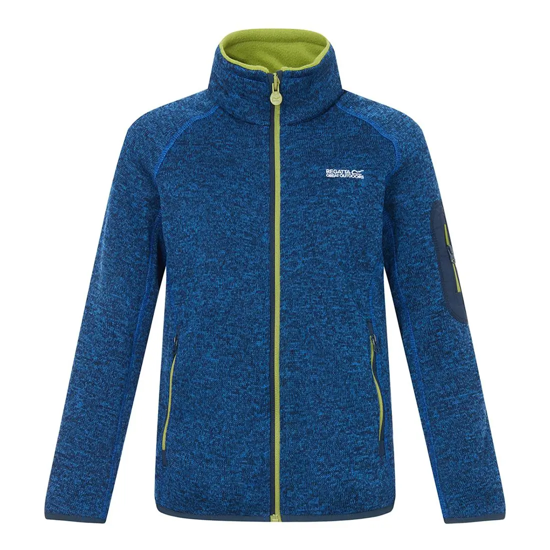Regatta Kinder Strickfleecejacke Junior Newhill in blau mit grünen Akzenten, Vorderansicht