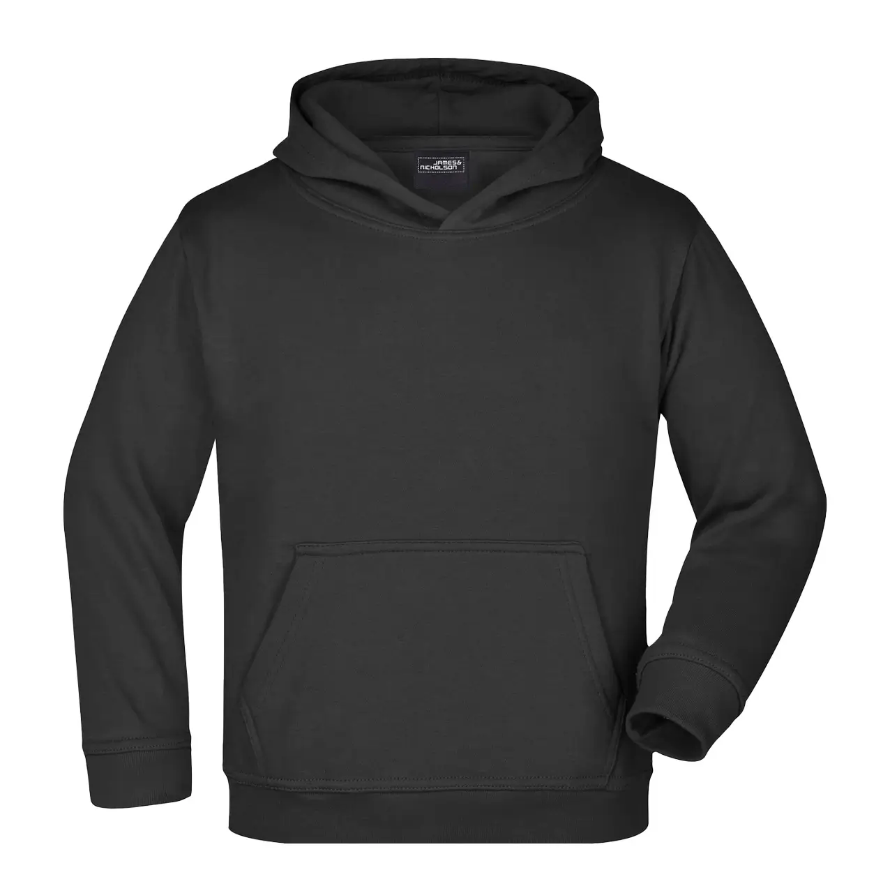 Kinder Kapuzenpullover Vorderansicht – kuscheliger Kapuzensweat, Farbe schwarz, Für Schule und Freizeit, Daiber jn047k