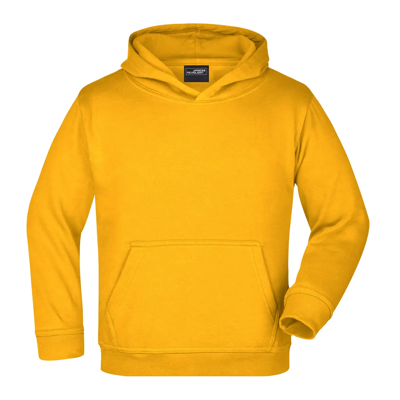 Kinder Kapuzenpullover Vorderansicht – kuscheliger Kapuzensweat, Farbe goldgelb, Für Schule und Freizeit, Daiber jn047k