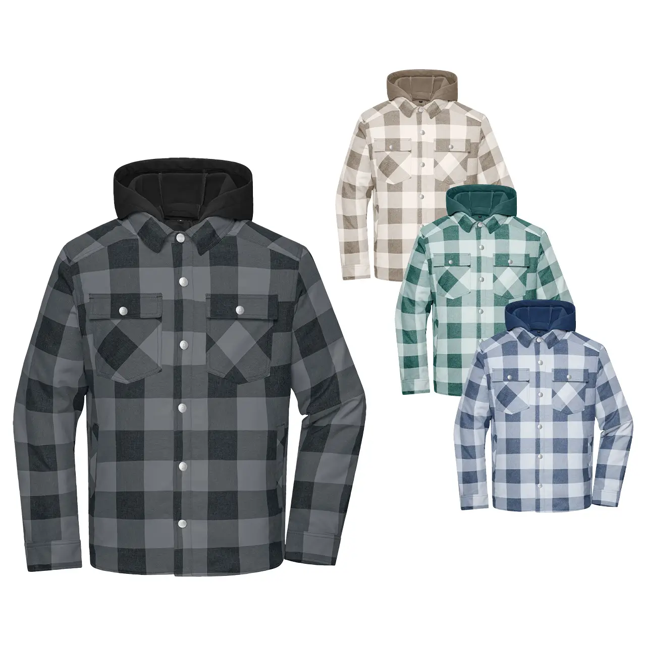 Daiber Workwear Karohemdjacke mit Kapuze JN1872 Unisex in verschiedenen Farbvarianten green/foggy-grey, dusty/brown-cement, deep-blue/foggy-grey und black/metal-grey