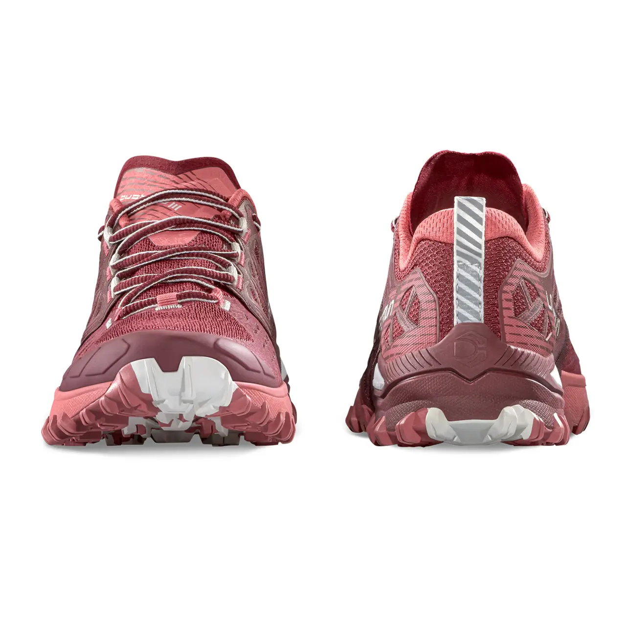 Trailrunning Schuh La Sportiva, Vorder- und Rückansicht für Berglauf und Gelände,Bushido III Damen GTX,Farbe redwood-rosebay